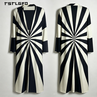 Robe Kimono Maxi Décontractée pour Femme, Col Revers, Manches Longues, à Rayures Soleil Noires et Blanches, Style Abaya Ouverte, Modeste, Tendance Musulmane, pour le Quotidien