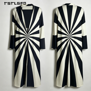 Women Black White Sunburst Stripe Open Abaya Lapel Collar Long Sleeve Modest Muslim Fashion Commuter Casual Maxi Kimono Dress - Product Image 3