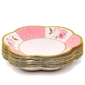 Nicro 24pcs Birthday Gold Foil Pink Table Supplies Disposable Tea Party Cups With Handles Paper Floral Shaped Plate Teacup Set
