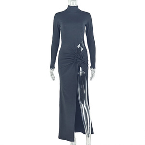 NUEVO STOCK Vestido de mujer de manga solitaria Vestido maxi de flores en 3D Abertura lateral Trajes - Product Image 3