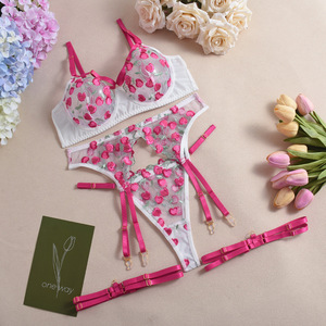 Nouvelle robe transparente à contraste de couleurs, lingerie sexy en maille, soutien-gorge brodé, string, jarretière, ensemble de 4 pièces pour femmes - Product Image 5