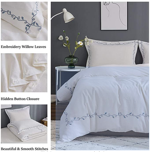 French Linen Duvet Cover Set 3pcs Embroidered Willow <strong>Leaf</strong> 100% Cotton Blend Soft Breathable Luxury <strong>Bedding</strong> (King, Embroi - Product Image 4