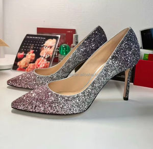 Escarpins JC à paillettes dégradées pour femme, bout pointu, coupe basse, en peau de mouton importée, talon de 8,5 cm, paillettes haute densité, style Jimmy Choo, pour soirée - Product Image 2