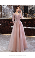 Robe de soirée scintillante rose poudré, coupe trapèze, col en V, manches longues, en tulle pailleté, robe de bal de luxe, Vestido De Gala Elegante