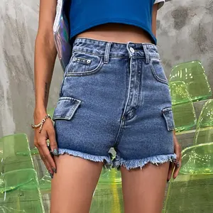 Großhandel Hochwertige Quick Dry Washed Denim Shorts Fransen kante High Waist Jean Shorts für Damen