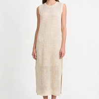 Damen Open-Strick Ärmelloses Maxikleid Häkel-Mesh-Strickkleid Casual Rundhals-Seitenschlitz Sommerkleid