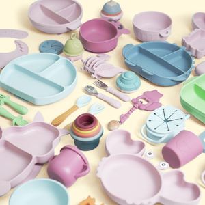 BPA Free Food Grade <b>Silicone</b> Baby Feeding Set <b>Waterproof</b> Bib Suction Plate Bowl Cup Fork Spoon Set - Product Image 1