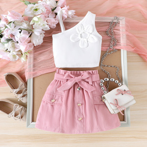 Conjunto de Verano para Niña, Bonito Traje para Niñas Pequeñas y Medianas, Top de Tirantes + Falda Corta + Cinturón de Accesorios - Product Image 2