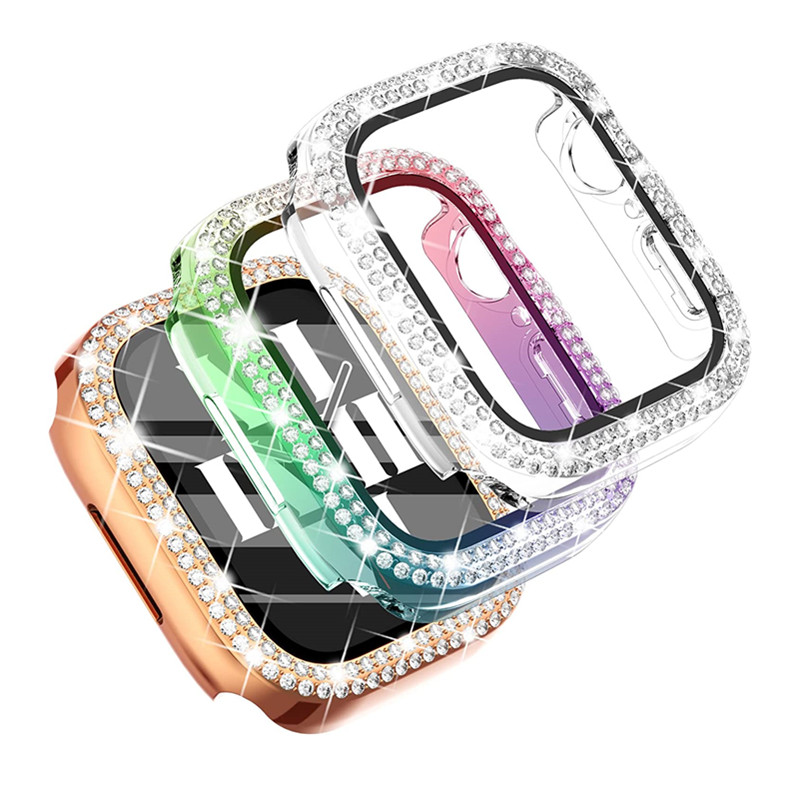 Роскошные Алмазные Чехлы для смарт-часов apple watch, корпус gold rose, 38 мм, 40 мм, 44 мм, 45 мм, корпус с закаленным стеклом