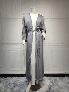 2023 Designs Eid Dubai Islamic Elegant Modest Abaya Women Muslim Dress Inner Slip Dress Abaya Set Diamond Satin Silk Open Abaya