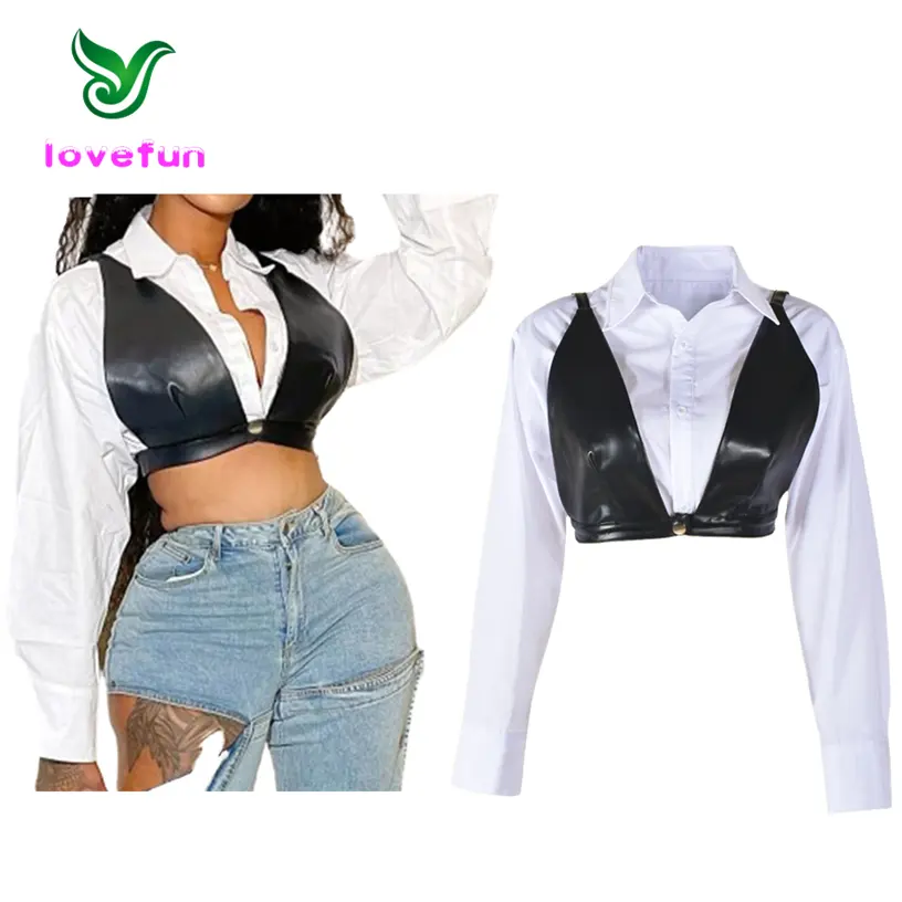 2024 New Spring Solid Color Turndown Collar Blouse Button Crop Top With Pu Bra Long Sleeve Crop Shirt For Ladies