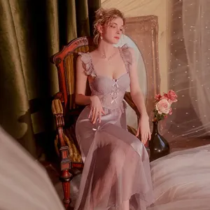 Venta al por mayor de ropa de dormir de verano para mujer, lencería sexy, camisones con volantes de encaje, vestido largo, conjunto de bata, algodón transpirable - Product Image 2