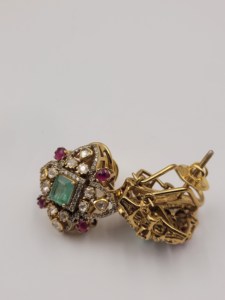Natural <b>Emerald</b> Ruby & Polki Diamond <b>Stud</b> <b>Earrings</b> in 18K Yellow Gold | Victorian Designer <b>Earrings</b> set - Product Image 1