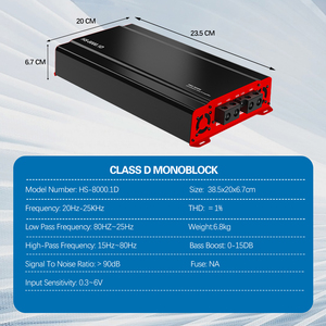 Amplificador Monobloque para Auto de 8000W y 1 Canal, Clase D, para Sistemas de Audio de Competición, 90dB con Crossovers <span class=keywords><strong>ZM</strong></span>-HS-8000.1D - Product Image 2