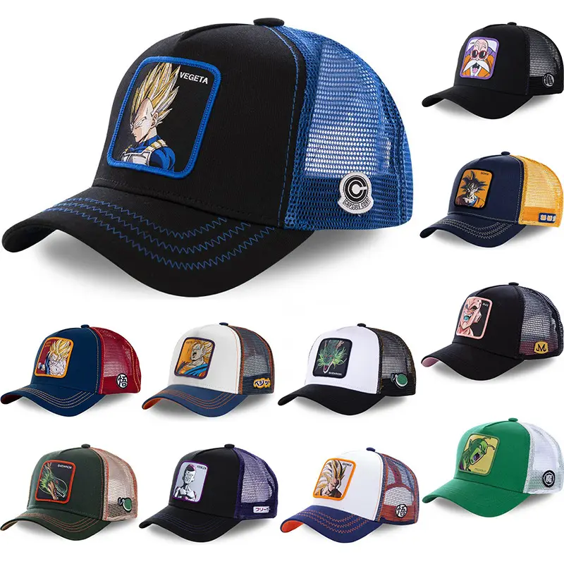 Venta al por mayor de moda de alta calidad de 5 paneles de dibujos animados de animales bordado parche Logo dragón Gorras de camionero de malla de algodón sombrero