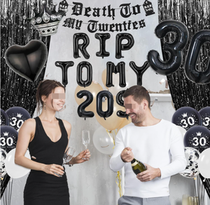 Decorazioni per Festa di Compleanno 30 Anni a Tema Morte ai 20 Anni: Striscioni, Pompon, Palloncini in Foil R.I.P. ai 20 Anni, Palloncini Stampati, Fascia e Tenda Decorativa - Product Image 2