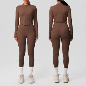Women Yoga Set Naked Feel Double Brushed Full <b>Zip</b> Jacket High Waist Pocket Leggings Pilates Gym Running Outfit - Product Image 1