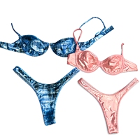 Ensemble de maillot de bain bikini pour femme, en tissu brillant recyclé, avec breloque personnalisée OEM, double doublure, armatures, push-up et couvrance minimale, Fabricant