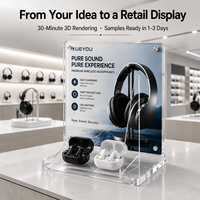 Support d'affichage personnalisable en acrylique transparent de qualité supérieure pour casques et écouteurs TWS, avec affichage double produit et poster rétroéclairé
