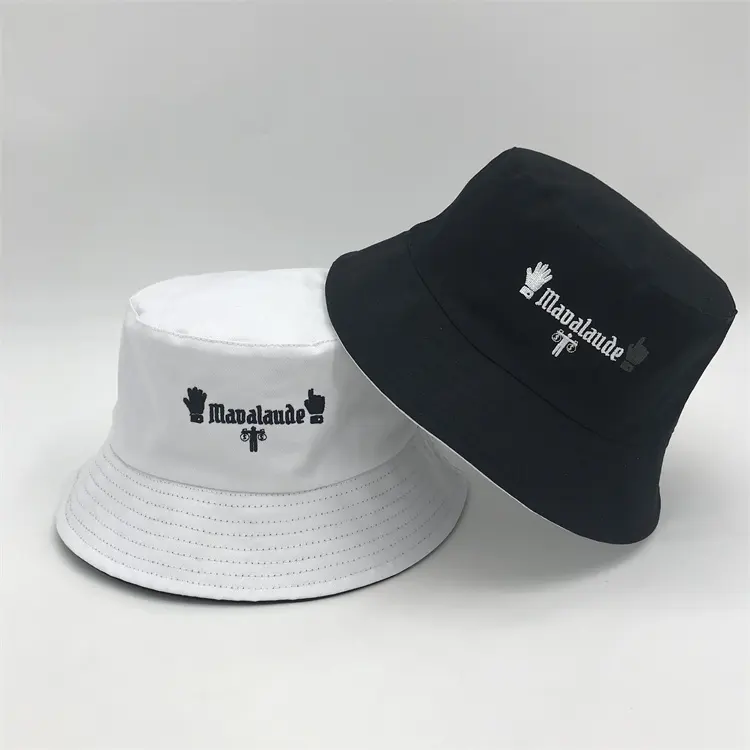 Bir tarafı siyah ve bir tarafı beyaz pamuk renk iki yan kova şapka geri dönüşümlü çocuk yetişkin kova şapka ile özel nakış logosu