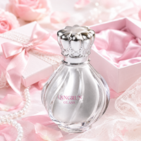 Flacon de parfum en verre transparent vide, rond, en forme de fleur, personnalisable, réutilisable, 50 ml, avec bouchon à sertir et couvercle argenté personnalisé