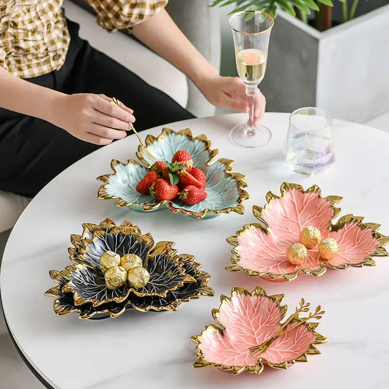Creative Unique Maple Leaf Shape Salad Fruit Dessert Plate Ceramic Serving Plate For Sale Jewelry Tray