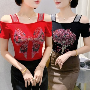 Camiseta de Fiesta para Mujer con Estampado de Mariposas, Pedrería, Hombros Descubiertos y Lentejuelas Brillantes, Top de Manga Corta para Discoteca - Product Image 1