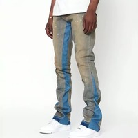 Pantalon en denim vintage bleu personnalisé design trou de détresse évasé fit blue jeans graffiti peinture éclaboussures élastique hommes jeans fabricant