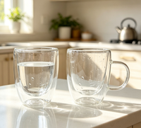 Mug en verre borosilicate double paroi fait main, anti-fuite, compatible lave-vaisselle, 350 ml, corps transparent uni et lisse, poignée transparente