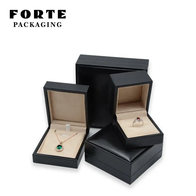 FORTE black vintage pu leather custom logo bracelet necklace jewelry wedding ring boxes jewellery packaging with logo