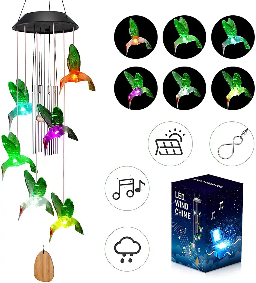 E1718 벌새 자동 다채로운 플래시 나무 펜던트 튜브 알루미늄 램프 태양 정원 차임 바람 조명 장식품