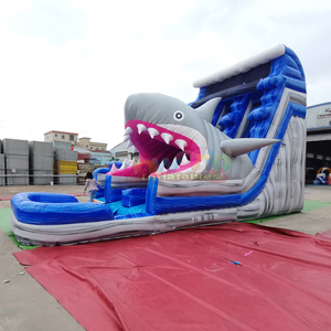 สไลเดอร์น้ำเป่าลมรูปฉลามขนาดใหญ่แบบสองเลนสำหรับเด็ก พร้อมบ้านลมและแทรมโพลีน - Product Image 2