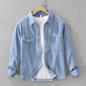 Camicia Giacca in Denim da Lavoro per Uomo, Lavaggio Chiaro, Maniche Lunghe, Casual, Oversize, con Bottoni e Tasche sul Petto, Capospalla - Product Image 1