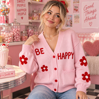 Cardigan personnalisé pour femme, motif floral et lettres, col en V, boutonné, manches longues, tricoté, surdimensionné, OEM ODM