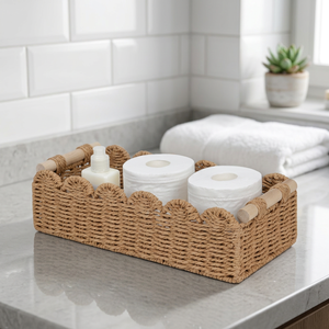 Cesta de Almacenamiento Rectangular de Ratán Natural con Asas de Madera para Organización del Baño, Estilo Rústico - Product Image 4