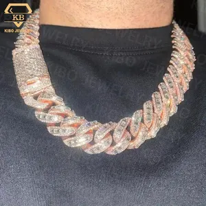 20mm Vermeil Hip Hop Silver With 14K Rose Gold Plated Chains Necklace Emerald Cut Moissanite Diamond Iced Out Cuban Link Chain