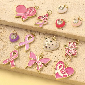 Amuletos de Concienciación |   Dijes de Latón Chapados en Oro de 18K con Diseño de Listón para la Concientización sobre el Cáncer de Mama, para la Creación de Joyería DIY |   Cinta de <span class=keywords><strong>Esmalte</strong></span> Rosa, Corazón y Esperanza - Product Image 3