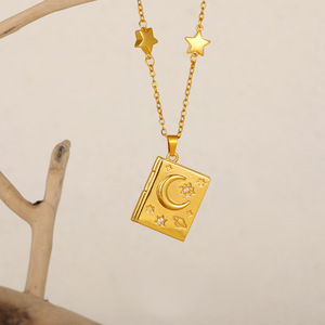Collier Rétro en Laiton Plaqué Or avec Pendentif Étoile et Lune en Zircon, Breloque Vintage Gravée « <span class=keywords><strong>Tu</strong></span> <span class=keywords><strong>es</strong></span> ma Meilleure Âme » - Product Image 3