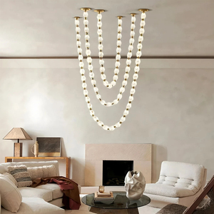 Lámpara colgante larga con cadena de cuentas de cristal de múltiples hilos y marco dorado para sala de estar, villa, interior. - Product Image 1