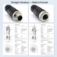 Connecteurs M12 DIN à fixation sur site, codage A, étanches IP67, à contacts dorés, à visser, mâle/femelle, droits/angulaires, 3-8 broches, en stock, expédition immédiate