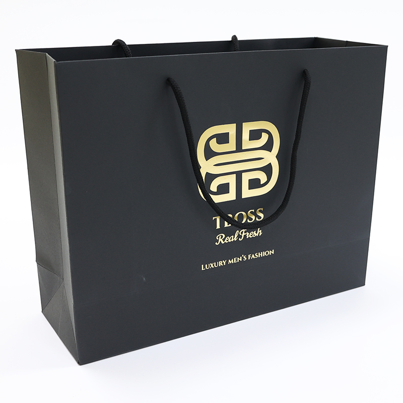 Luxury Gold Foil Stamping Custom Bags Logo Shopping Black Cardboard Paper Bags With Your Own Logo
