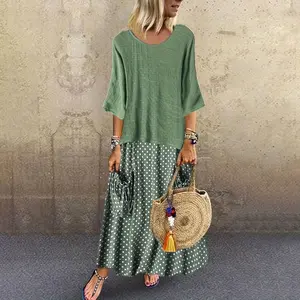 Vestidos Fabricante Ladies Wear Green Midi Dresses Mulheres Verão Solto Maxi Two Piece Polka Dot Vestidos Casuais com Bolso