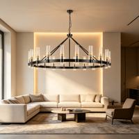 Lámpara de Techo Grande Estilo Carretilla con 20 Luces, Marco de Metal Negro, Pantallas de Cristal Cilíndricas Transparentes, Lámpara Colgante Redonda Moderna Estilo Granja