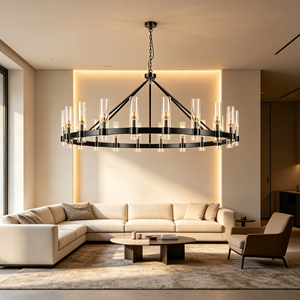 Lampadario a Ruota di Carro Grande con 20 Luci, Struttura in Metallo Nero, Paralumi in Vetro Trasparente, Lampada a Sospensione Rotonda Moderna Stile Fattoria - Product Image 2