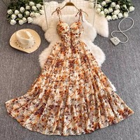 Summer Vintage V-Neck Tunic Slim Casual Dress for Women Sleeveless Printed Lace Dress Red Holiday Skirt Wholesale