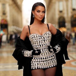 Abito da Festa di Lusso alla Moda da Donna per Club Fasciante Aderente Mini Abito Nero con Perline e Decorazione di Diamanti Vestidos - Product Image 2