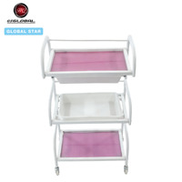 Carrito de Belleza de 3 Niveles con Marco Blanco y Malla Rosa, con Bandeja Lateral Adicional, Carrito Rodante Móvil para Herramientas de Spa