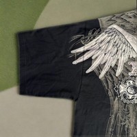 T-shirt à manches courtes en coton épais 300 g/m² pour homme, style Y2K gothique, avec motif ailes d'ange et croix, coupe oversize, noir, streetwear