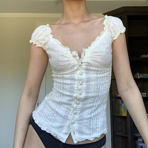 Blusa de Verano para Mujer, Linda, Ecológica, Informal, de Color Sólido, de Algodón Tejido, Ligera, con Volantes y Manga Corta - Product Image 1