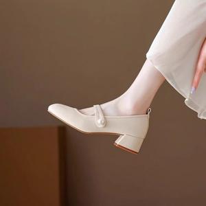 รองเท้าส้นตึกแบบสวม รุ่นใหม่ประจำฤดูใบไม้ร่วงและฤดูร้อน ดีไซน์แบบแมรี่เจน สำหรับเจ้าสาว หนังพรีเมียม สไตล์เรโทรฝรั่งเศส สายไขว้ - Product Image 3